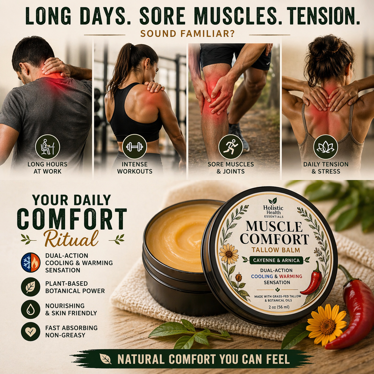 Muscle Comfort Tallow Balm – Dual-Action Cooling & Warming Balm for Daily Comfort