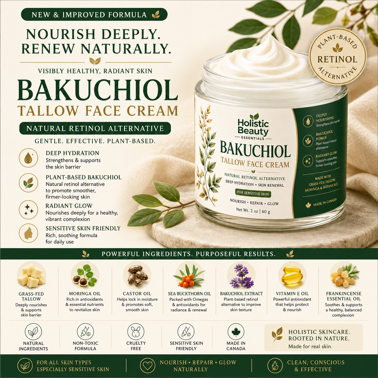Bakuchiol Tallow Face Cream for Sensitive Skin | Natural Hydrating Moisturizer